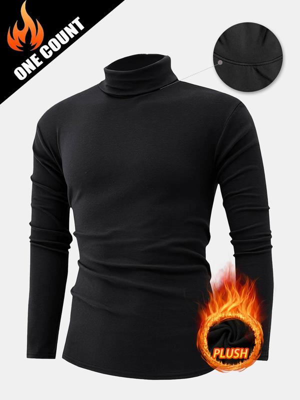 Men's Solid Long Sleeve Turtle Neck Sports Tee, Sporty Thermal Underwear Top, Men's Sportswear Clothing for Indoor Outdoor Wear