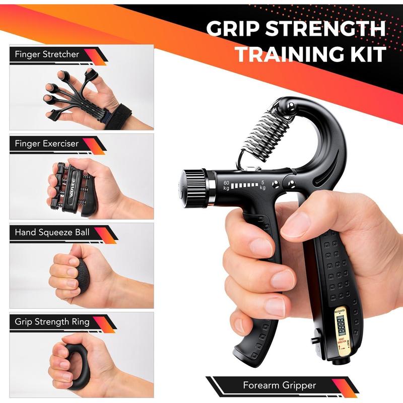 Wuvei Grip Strength Trainer Kit (5 Pack) with Hand Grip Strengthener Electronic Counting, Forearm Strengthener, Finger Exerciser, Stress Relief Ball, and Forearm Workout Ring for Hand Therapy Forearm Strength Training