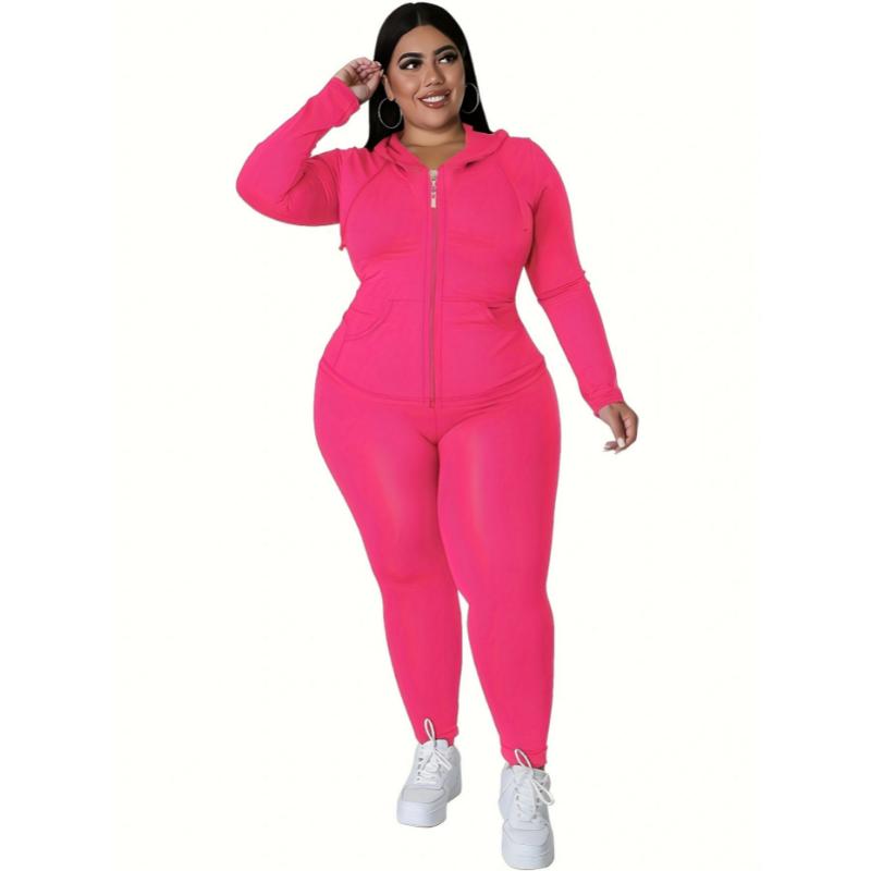 Plus Size Solid Zip Up Hoodie Sweatshirt & Pants Set, Women's Plus High Stretch Workout 2pcs Set