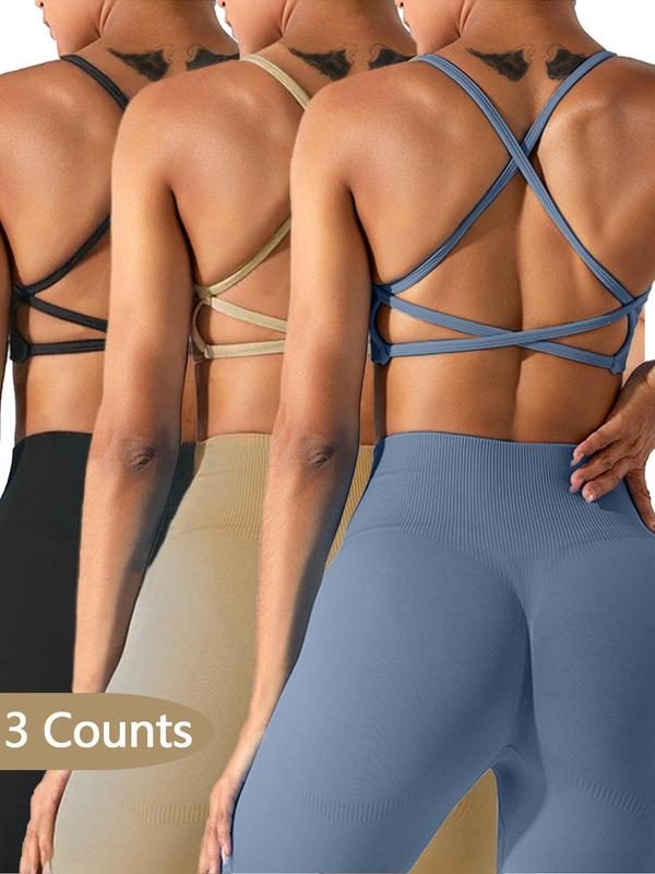 Women's Solid Criss Cross Backless Sports Bras, Breathable Comfortable High Stretch Sports Lingerie Top, Ladies Sportswear for Indoor Outdoor Wear