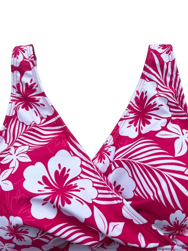 Plus Size Floral Print Criss Cross Wrap Tankini Sets, Ruched Adjustable Strap Deep V Neck Swim Top & Swim Bottom, Women's Two-piece Swimsuit for Summer Beach Holiday Vacation