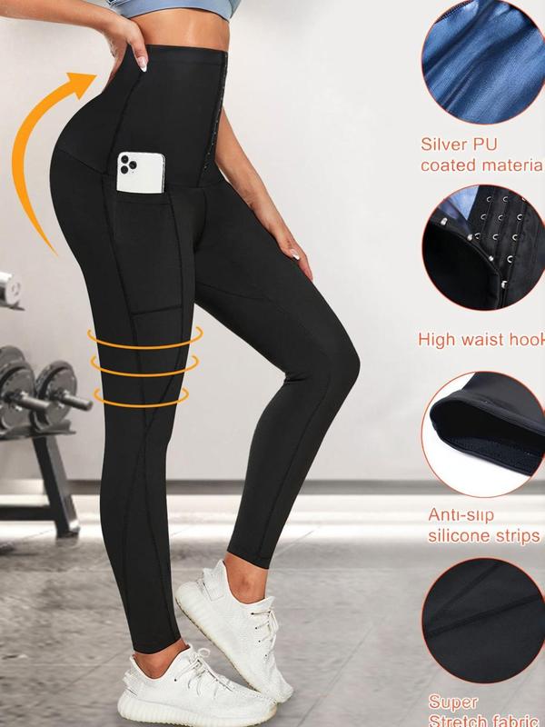 Women's High Waist Pocket Shapewear Leggings, Adjustable Hook & Eye Butt Lifting Tummy Control Shapewear Bottoms , Ladies Slimming Shaper Sauna Pants for Workout Gym Yoga