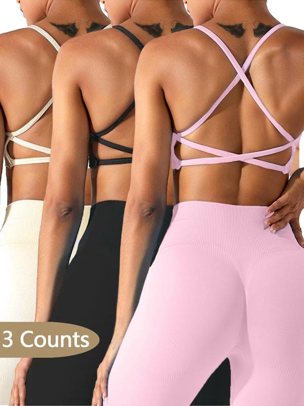 Women's Solid Criss Cross Backless Sports Bras, Breathable Comfortable High Stretch Sports Lingerie Top, Ladies Sportswear for Indoor Outdoor Wear