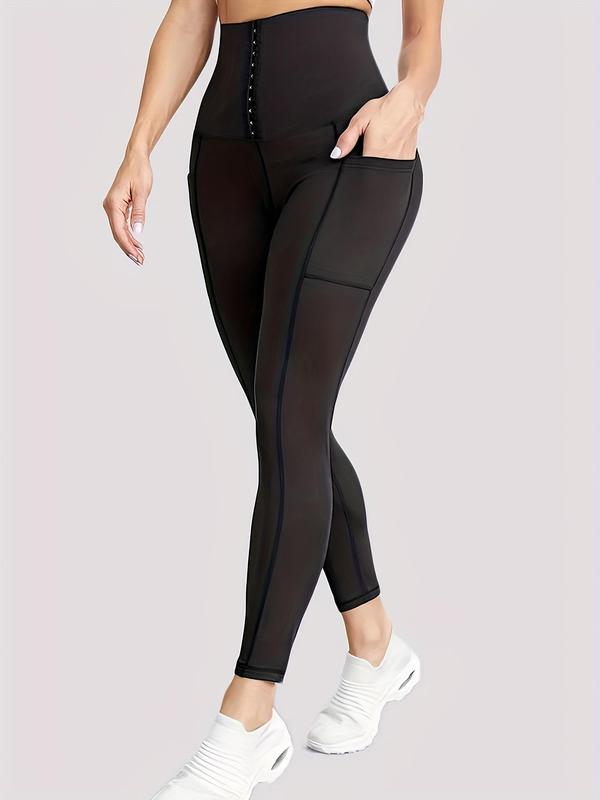 Plus Size Adjustable Buckle Front Pocket High Waist Sports Leggings,  Sporty Plus Women's Solid Color Skinny Pants for Running, Ladies Plus Sportswear Clothing