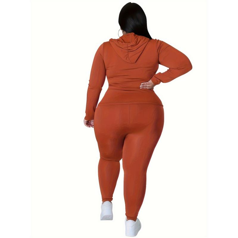 Plus Size Solid Zip Up Hoodie Sweatshirt & Pants Set, Women's Plus High Stretch Workout 2pcs Set