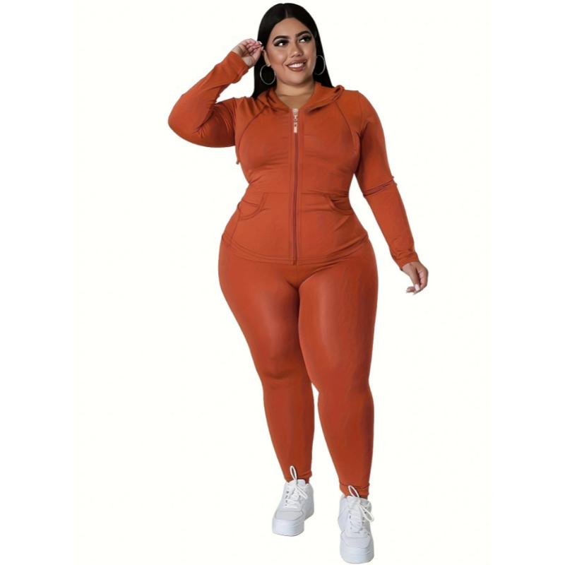 Plus Size Solid Zip Up Hoodie Sweatshirt & Pants Set, Women's Plus High Stretch Workout 2pcs Set