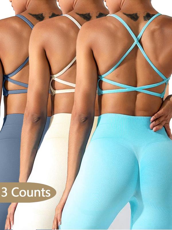 Women's Solid Criss Cross Backless Sports Bras, Breathable Comfortable High Stretch Sports Lingerie Top, Ladies Sportswear for Indoor Outdoor Wear