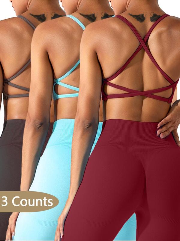 Women's Solid Criss Cross Backless Sports Bras, Breathable Comfortable High Stretch Sports Lingerie Top, Ladies Sportswear for Indoor Outdoor Wear