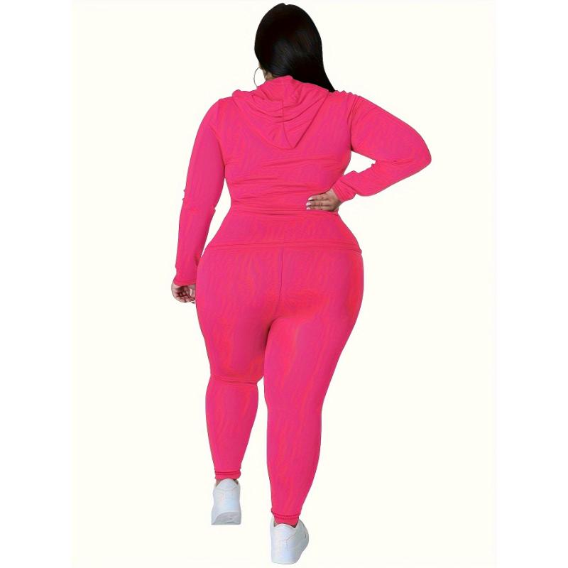 Plus Size Solid Zip Up Hoodie Sweatshirt & Pants Set, Women's Plus High Stretch Workout 2pcs Set