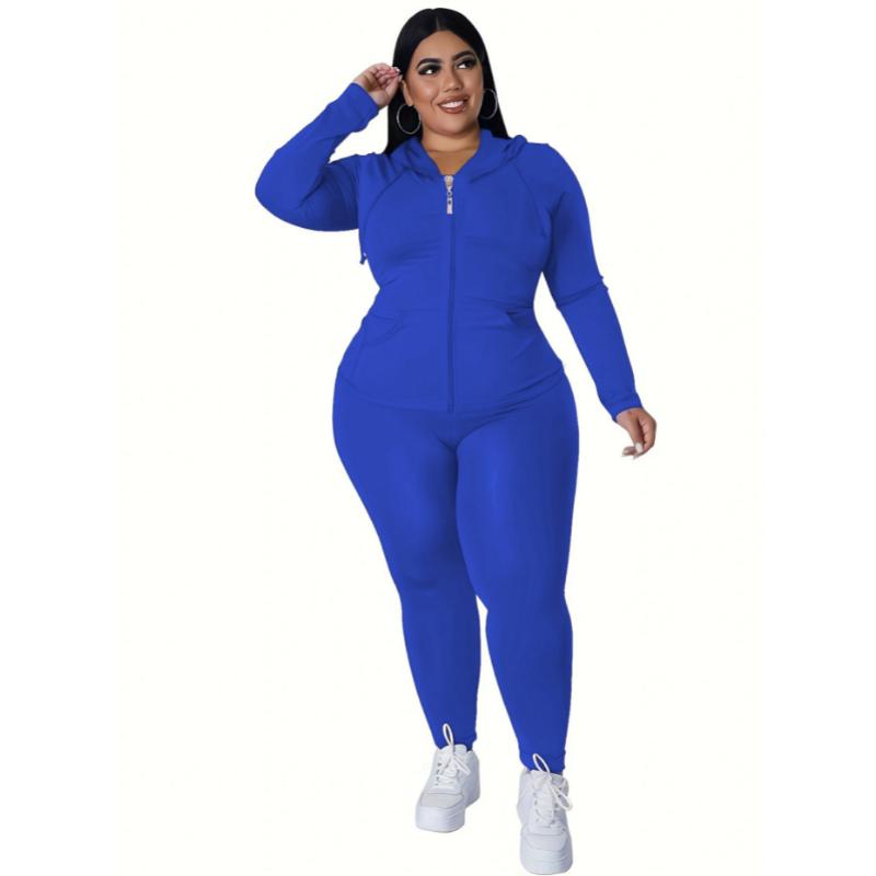 Plus Size Solid Zip Up Hoodie Sweatshirt & Pants Set, Women's Plus High Stretch Workout 2pcs Set