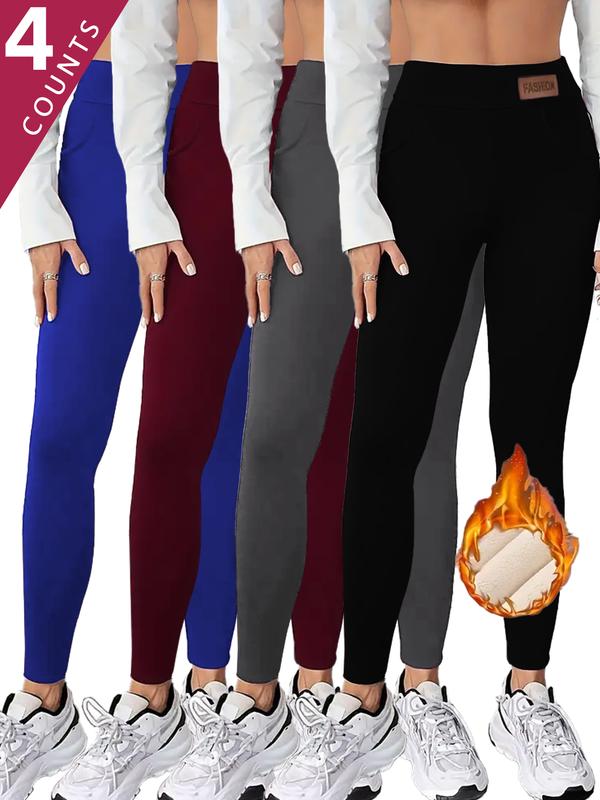 4pcs Women's Solid Letter Embroidery Pocket Sports Leggings, Thermal Lined High Waist Skinny Pants, Ladies Warm Sportswear for Yoga Gym Workout, Tummy Control