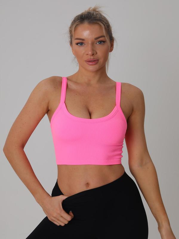 Women's Solid Backless Crop Sports Vest, Casual Sporty Scoop Neck Sleeveless Crop Compression Tank Top for Yoga Gym Workout, Ladies Sportswear for Summer, Running Vest