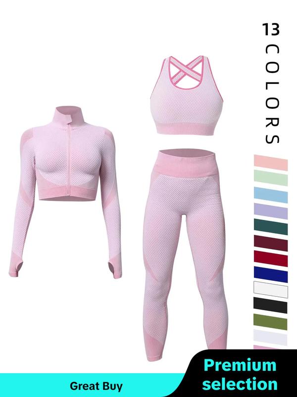 3 Pieces Women's Colorblock Zip Up Crop Jacket & High Waist Ribbed Leggings & Bra Shapewear Set for Fall, Breathable Quick Drying Bodycon Shapewear Set for Outdoor Daily Wear, Back To School Shapewear Sets, Gym Clothes Women, Body Shapewear