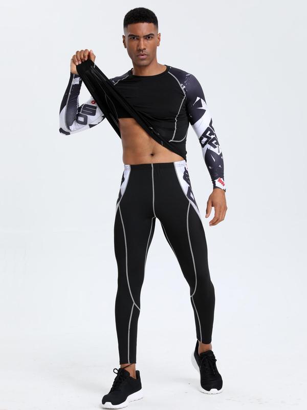 Men's Letter Print Tracksuit Set, Sport Raglan Sleeve Tee & Elastic Waist Leggings, Summer Outfits 2024, Tracksuits Sportswear for Running Training Basketball