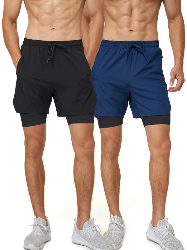 Men's 2 In 1 Drawstring Waist Sports Gym Shorts, Breathable Comfortable Pocket Shorts, Regular Fit Men's Sport & Outdoor Clothing For Gym Workout Running