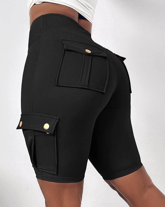 ChicMe Women Tummy Control Butt Lifting Active Shorts High Waist Flap Pocket Workout Bermuda Cargo Running Shorts