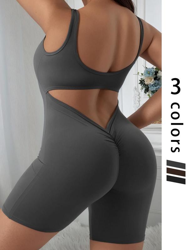 Plus Size Solid Cut Out Backless Sports Romper, Casual Sporty Sleeveless Ruched Romper, Gym Clothes, Women's Summer Sportswear for Yoga Gym Workout, Summer Outfits 2024