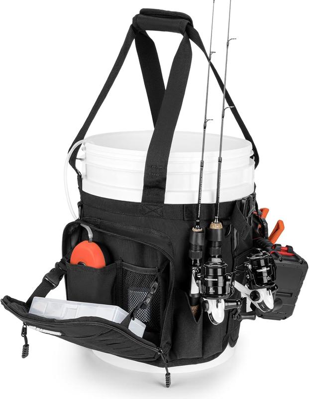 KastKing Karryall Fishing Bucket Organizer for 5 Gallon Bucket, Ice Fishing Tackle Bag with Adjustable Buckle, Rod & Plier Holder and Multi-Pockets for Fishing Gear & Accessories Storage