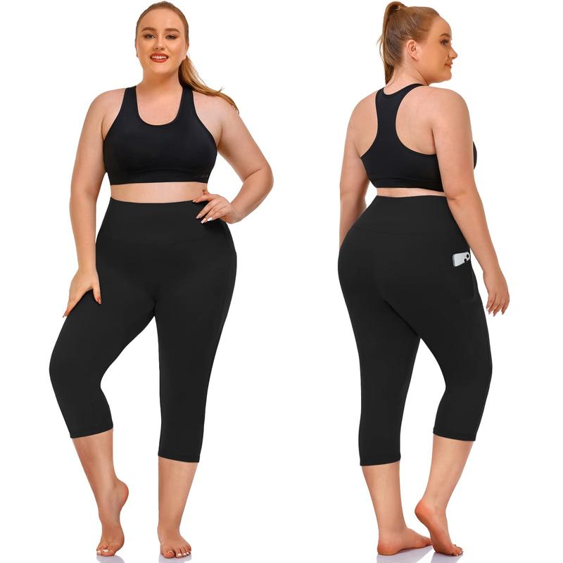 3 Pack Plus Size Capri Leggings with Pockets for Women High Waisted Tummy Control Soft Black Workout Yoga Pants Black Leggings