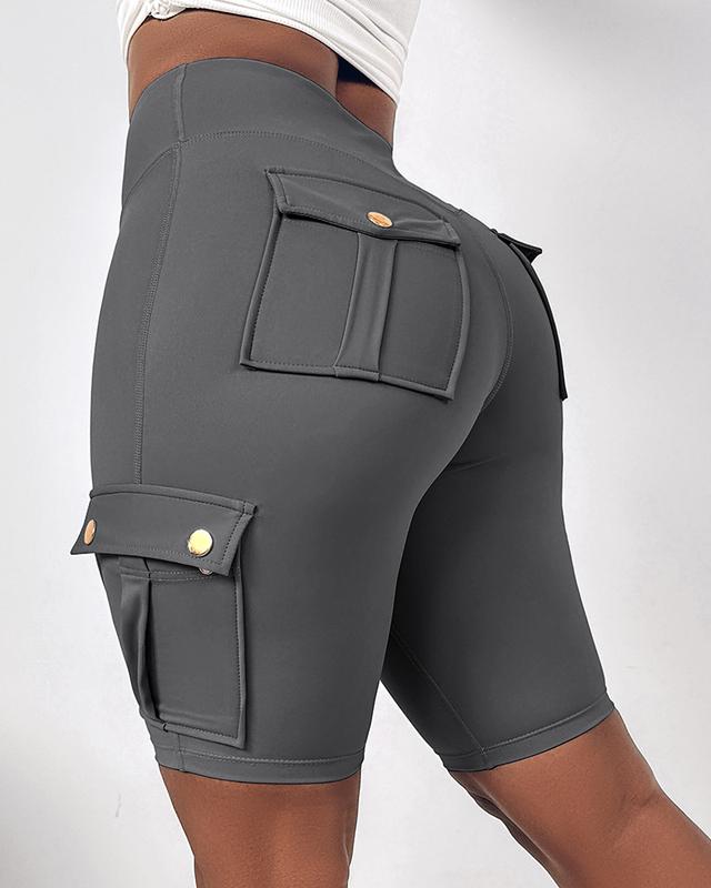 ChicMe Women Tummy Control Butt Lifting Active Shorts High Waist Flap Pocket Workout Bermuda Cargo Running Shorts