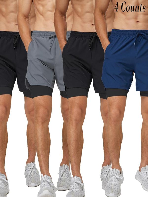 Men's 2 In 1 Drawstring Waist Sports Gym Shorts, Breathable Comfortable Pocket Shorts, Regular Fit Men's Sport & Outdoor Clothing For Gym Workout Running