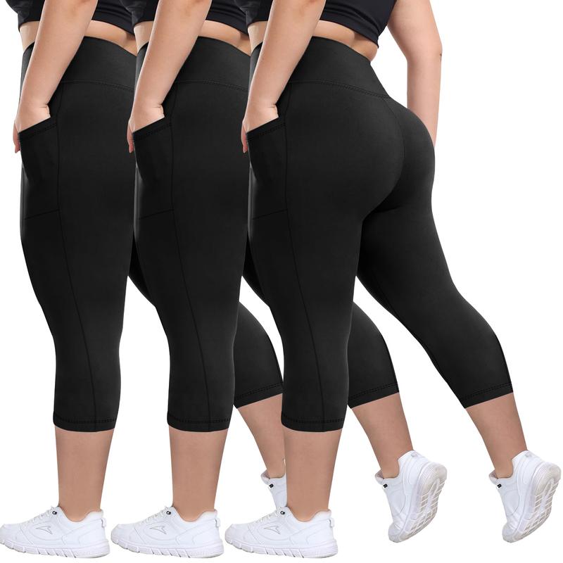 3 Pack Plus Size Capri Leggings with Pockets for Women High Waisted Tummy Control Soft Black Workout Yoga Pants Black Leggings