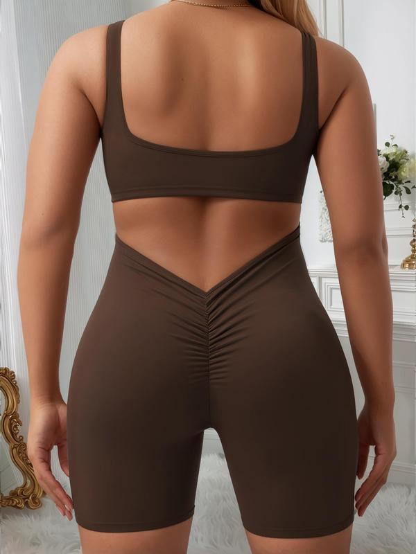 Plus Size Solid Cut Out Backless Sports Romper, Casual Sporty Sleeveless Ruched Romper, Gym Clothes, Women's Summer Sportswear for Yoga Gym Workout, Summer Outfits 2024