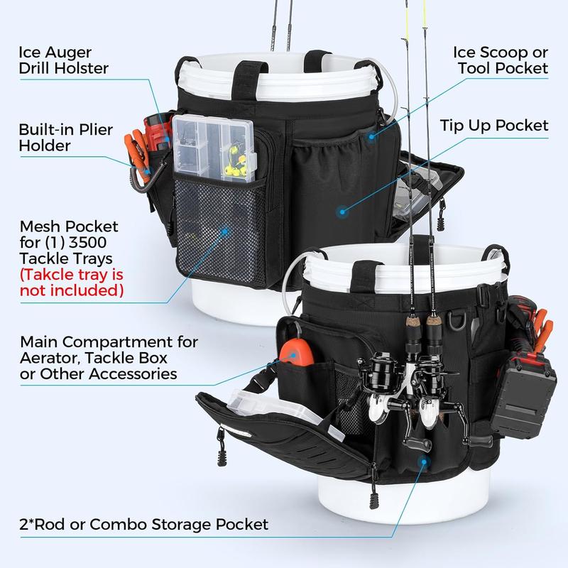 KastKing Karryall Fishing Bucket Organizer for 5 Gallon Bucket, Ice Fishing Tackle Bag with Adjustable Buckle, Rod & Plier Holder and Multi-Pockets for Fishing Gear & Accessories Storage