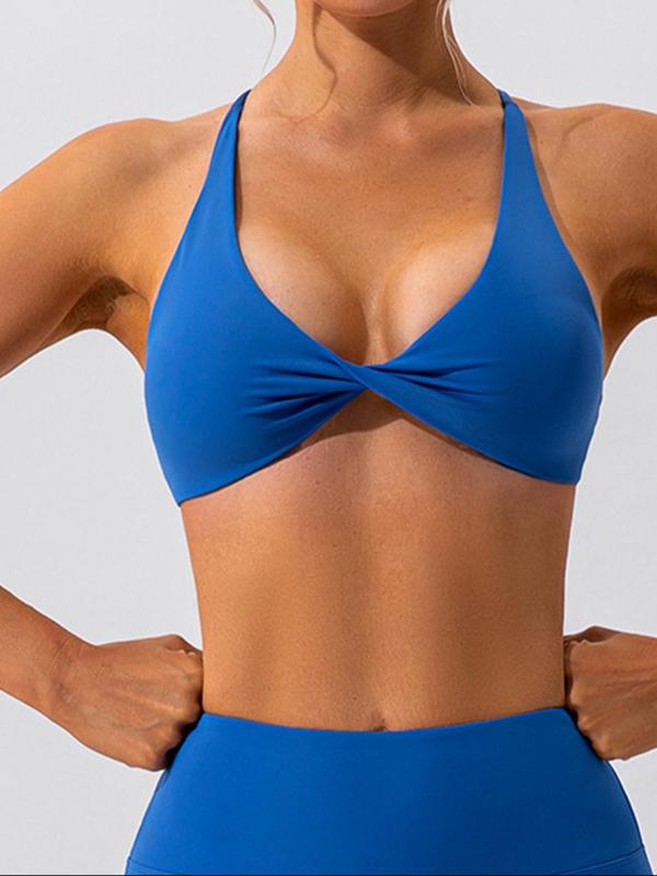 Sporty Women's Solid Color Twist Front Criss Cross Sports Bra, Breathable Comfortable High Stretch Sports Lingerie Top, Ladies Sportswear for Indoor Outdoor Wear