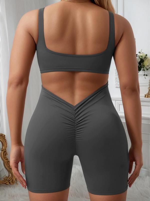 Plus Size Solid Cut Out Backless Sports Romper, Casual Sporty Sleeveless Ruched Romper, Gym Clothes, Women's Summer Sportswear for Yoga Gym Workout, Summer Outfits 2024