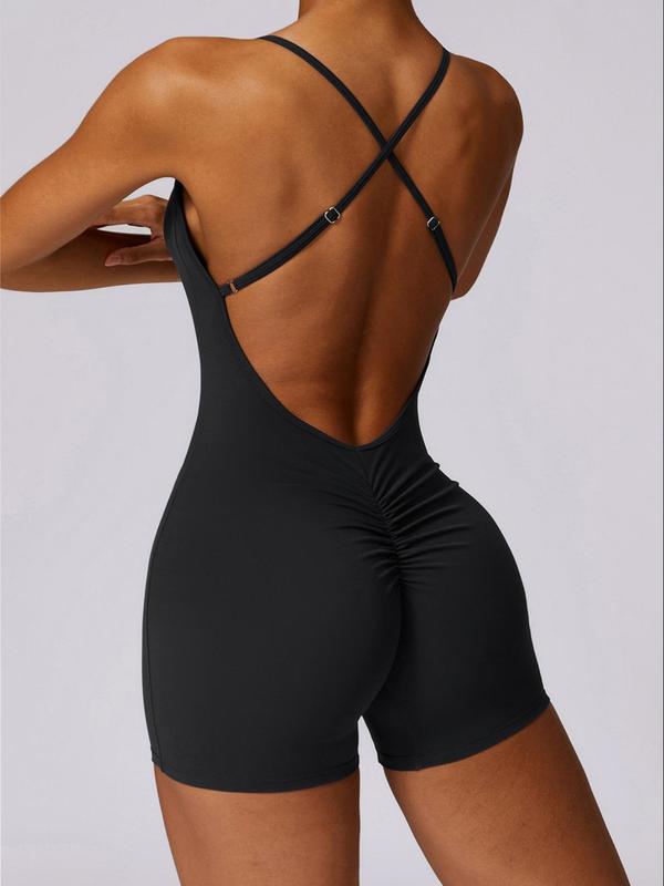 Women's Solid Criss Cross Backless Ruched Sports Romper, Quick Drying Adjustable Strap Sleeveless Bodycon Romper for Yoga Gym Workout, Ladies Sportswear for Summer, Tummy Control