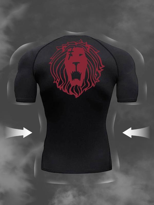 Men's Lion Print Round Neck Raglan Sleeve Sports Tee, Regular Fit Quick Drying Breathable Crew Neck Short Sleeve T-shirt for Gym Workout Running Training, Casual Comfy Men's Sportswear for Summer