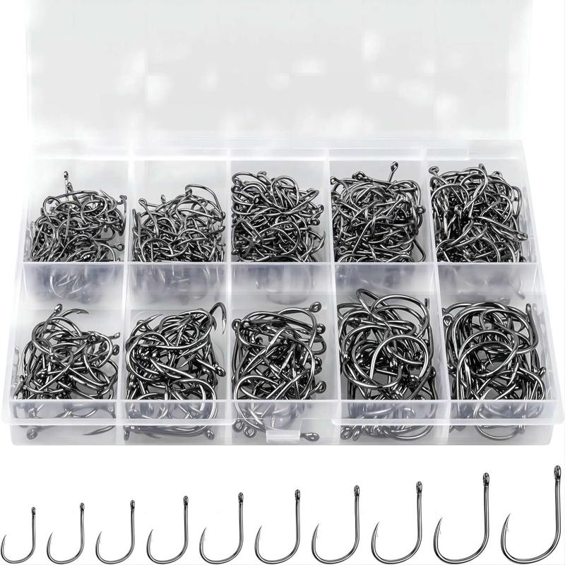 Fishing Hook Set, 1 Box 10 Sizes Carbon Steel Fishing Hooks with Storage Box, Portable Fishing Accessories for Freshwater & Seawater