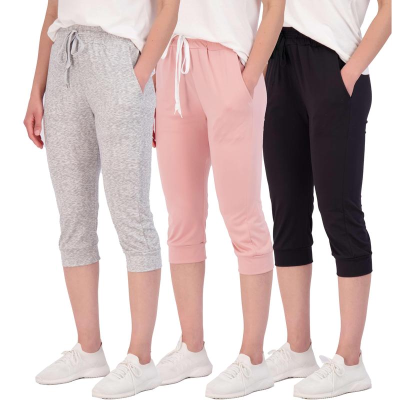 Real Essentials 3-Pack: Women's Capri Joggers Cuffed Athletic Casual Soft Sweatpants with Pockets (Available in Plus Size)