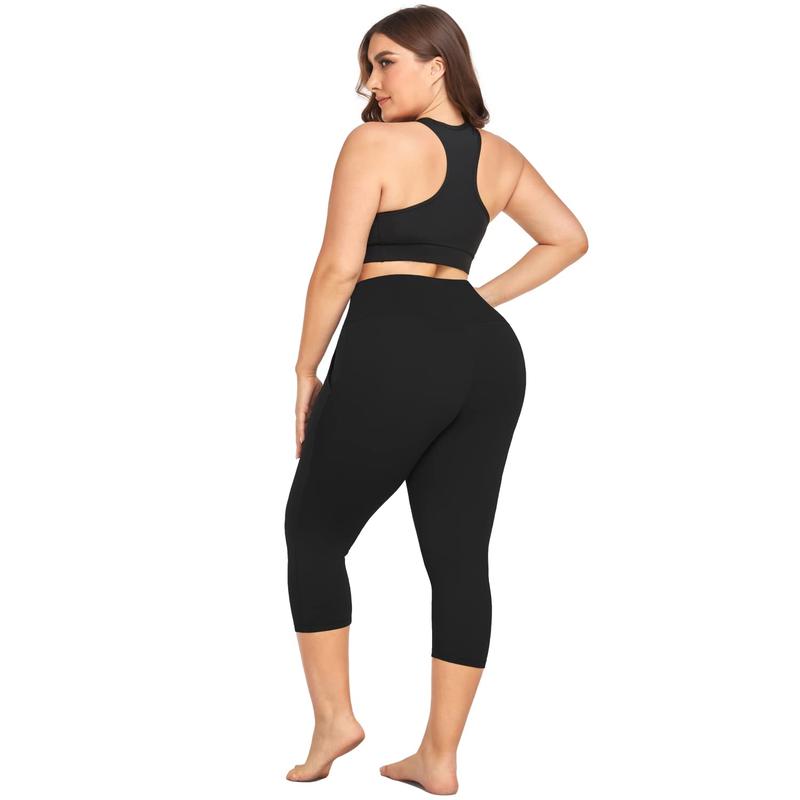 3 Pack Plus Size Capri Leggings with Pockets for Women High Waisted Tummy Control Soft Black Workout Yoga Pants Black Leggings