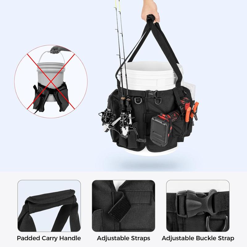 KastKing Karryall Fishing Bucket Organizer for 5 Gallon Bucket, Ice Fishing Tackle Bag with Adjustable Buckle, Rod & Plier Holder and Multi-Pockets for Fishing Gear & Accessories Storage