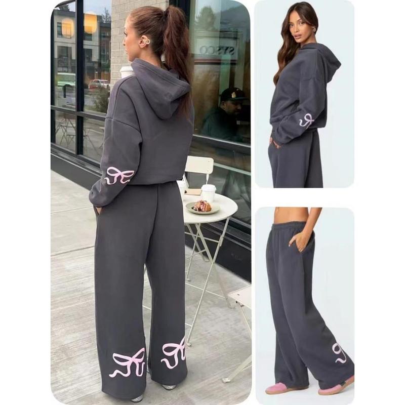 Women's 2PCS Bow Detail HoodieAutumn Sportswear Bow Print LongSleeve Round Neck Wide Leg SportsPants Matching Sportswear