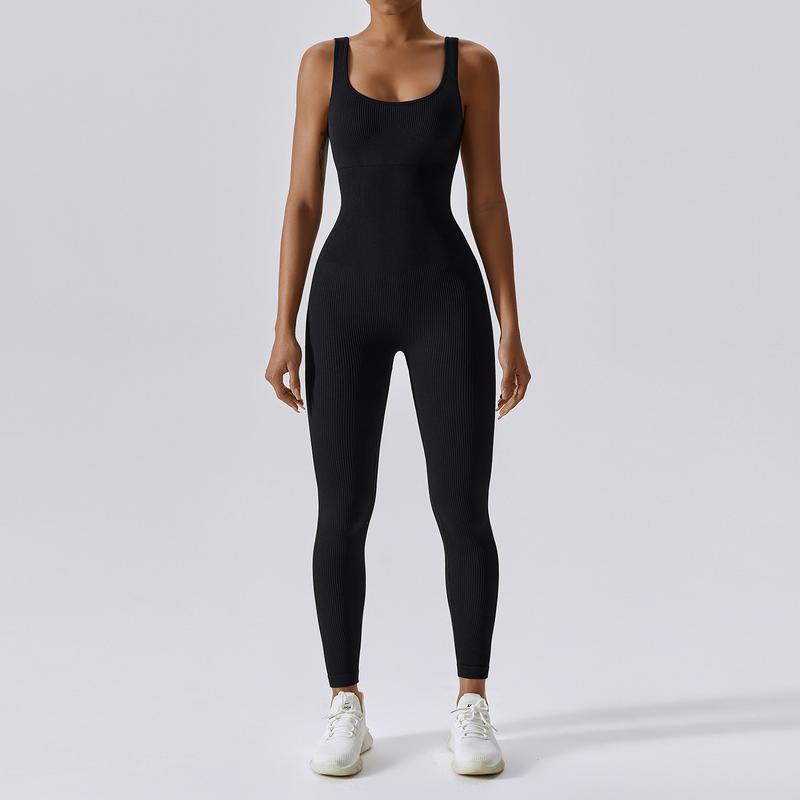 Women's Sleeveless Slim Fit Ribbed Seamless Hip Lifting Square Neck Exercise Jumpsuit Outdoor Activity Elastic Sportswear