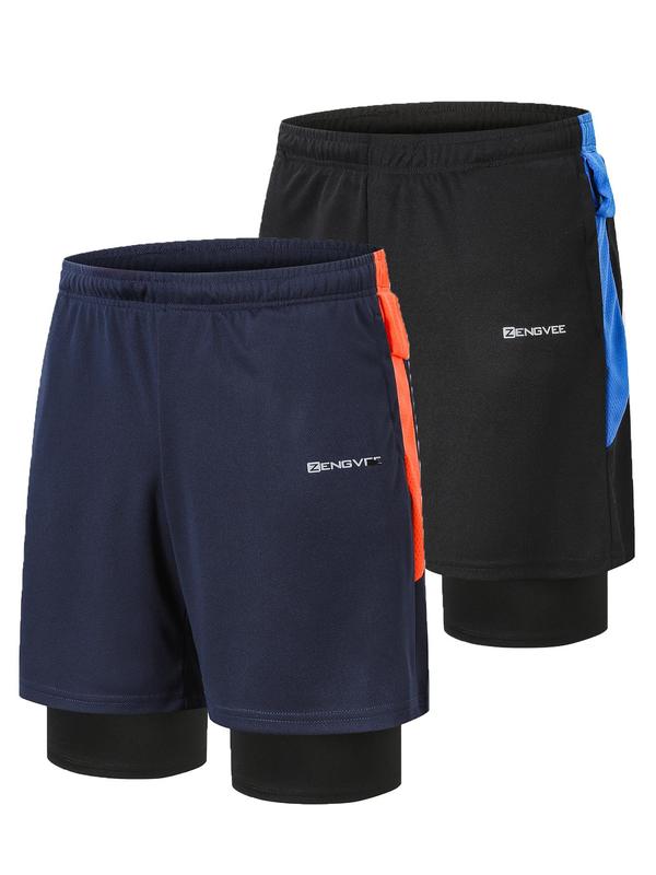 Men's 2pcs Colorblock Letter Print 2 In 1 Drawstring Sports Gym Shorts, Quick Drying Breathable Elastic Waist Pocket Shorts, Men's Summer Sports Bottoms for Gym Workout Running