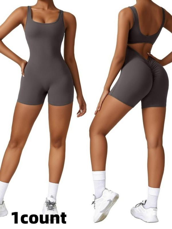 Women's Solid Cut Out Backless Sports Romper, Casual Sporty Square Neck Sleeveless Bodycon Romper For Yoga Gym Workout, Ladies Sportswear For All Seasons