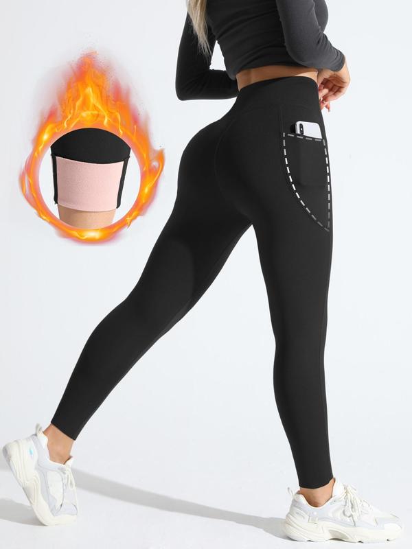 Women's Solid High Waist Pocket Thermal Lined Sports Leggings, Casual Comfy Breathable High Stretch Yoga Tummy Control Leggings, Ladies Sportswear for Indoor Outdoor Wear