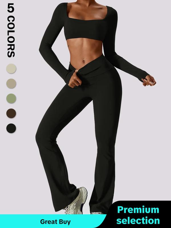 Sporty Two-piece Set Women's Square Neck Crop Tee & Ruched High Waist Flare Pants Tracksuit Set, Sport Breathable Comfortable Outfits for Yoga Gym Workout, Fall Jogging Suit Set, Ladies Sportswear, Minimalistic Outfit, Black Girl Outfits, Fall Outfits