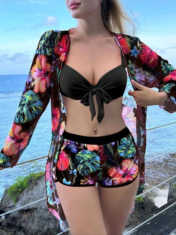 Women's Tropical Print Bikini Set, Bow Front Push Up Swim Top & Shorts Swim Bottom & Open Front Semi-Sheer Cover Up Set, Ladies Swimsuit for Beach Holiday Vacation, Minimalistic Outfit