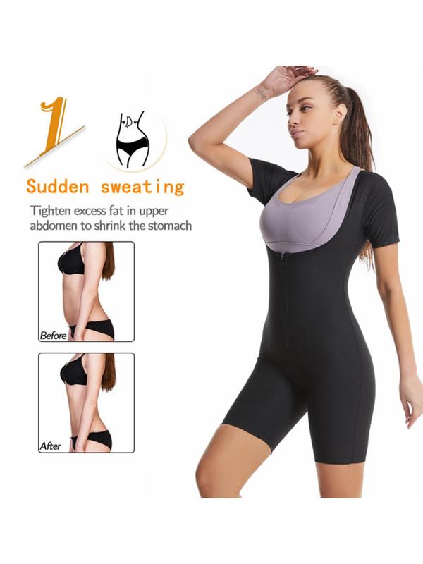 Women's Solid Zip Up Open Bust Design Sports Romper, Breathable Comfortable Tight-fitting Short Sleeve Bodysuit for Workout Gym Exercise, Ladies Sportswear for All Seasons