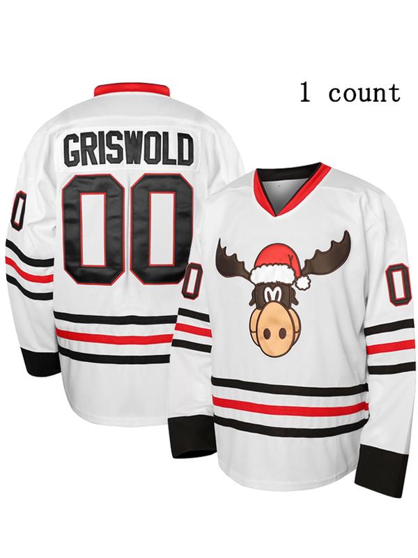 Men's Letter & Moose Embroidery Long Sleeve Hockey Jersey, Casual Outdoor Sports T-shirt for Daily Wear, Workout Tops, Men's Sportswear for All Seasons