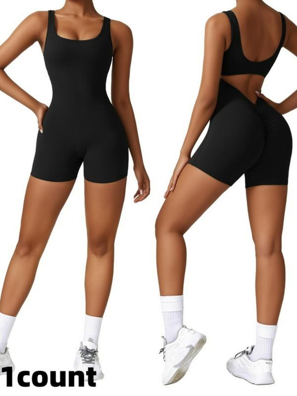 Women's Solid Cut Out Backless Sports Romper, Casual Sporty Square Neck Sleeveless Bodycon Romper For Yoga Gym Workout, Ladies Sportswear For All Seasons