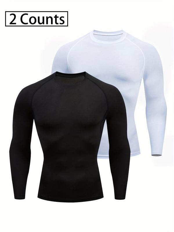 Men's Plain Round Neck Quick Drying Breathable Compression Sports T-shirt, Long Sleeve Crew Neck Tight-fitting Top for Outdoor Gym Running, Sport & Outdoor Clothing for All Seasons