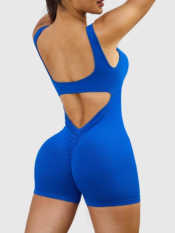 Women's Solid Cut Out Backless Ruched Sports Romper, Casual Scoop Neck Sleeveless Bodycon Romper for Yoga Gym Workout, Ladies Summer Outfits 2024, Back To School Romper