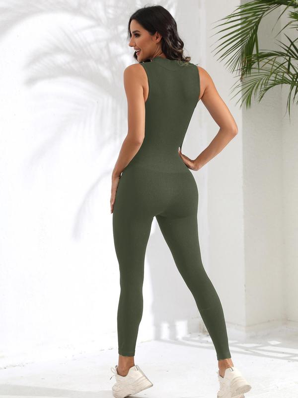 Women's Solid Zip Up Mock Neck Sports Tummy Control Jumpsuit, Summer Clothes Women, Sporty Sleeveless Zip Front One Piece Jumpsuit For Yoga Gym, Ladies Sportswear