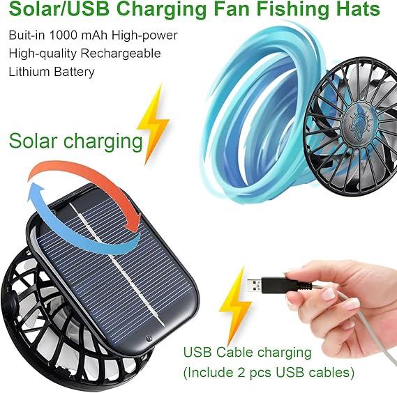 kyuasnfe Wide Brim Solar Fan Hat, Outdoor Sun Protection Cap,Supports Solar & USB Charging, for Fishing, Travel & Outdoor Sports